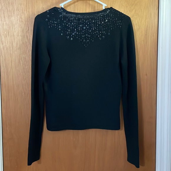 •MAGASHONI•100% BLACK CASHMERE SQUARE NECK W/BLACK SEQUINS LONG SLEEVE SWEATER - Picture 4 of 8